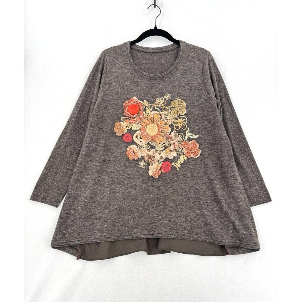 Women’s Brown Floral Applique Sequin Tunic Top Long Sleeve Boho Lagenlook Layer